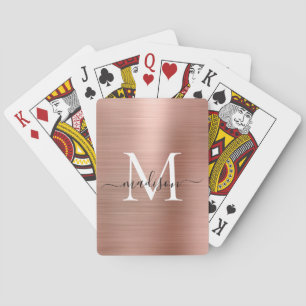 Metallic Rose Gold Monogram Stylish Script Name Playing Cards