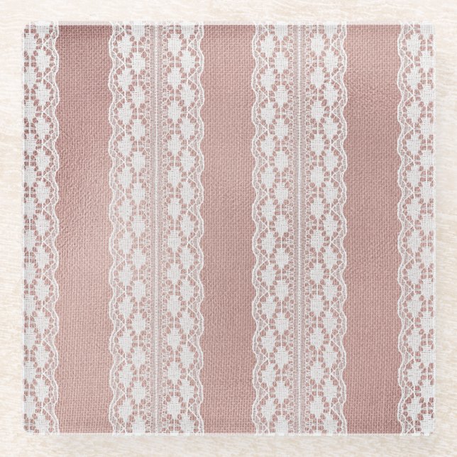 Metallic rose gold, off-white lace texture. glass coaster (Front)