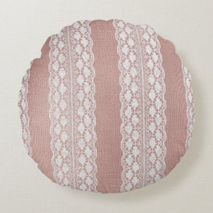 Metallic rose gold, off-white lace texture. round cushion