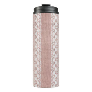 Metallic rose gold, off-white lace texture. thermal tumbler