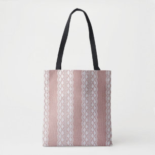 Metallic rose gold, off-white lace texture. tote bag