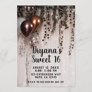 Metallic Rose Gold Pink Balloons Lights Sweet 16 Invitation