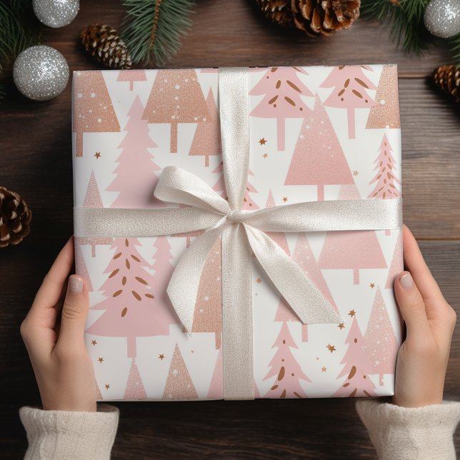 Metallic Rose Gold Pink Silver Christmas Trees Wrapping Paper (Creator Uploaded)