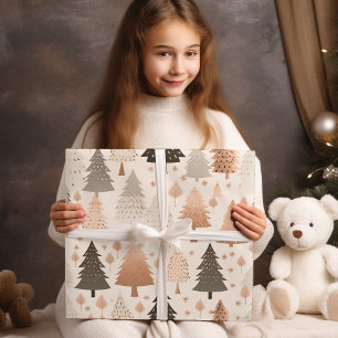 Metallic Rose Gold Pink Silver Christmas Trees Wrapping Paper Sheet