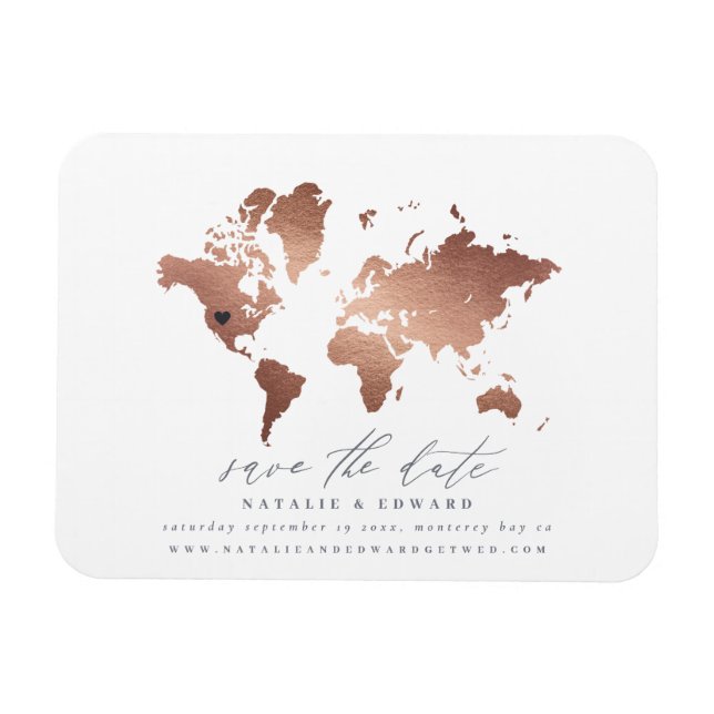 Metallic rose gold world map wedding announcement magnet (Horizontal)