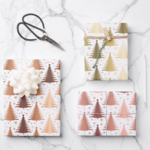 Metallic Rose Yellow Gold Christmas Trees Pattern Wrapping Paper Sheet
