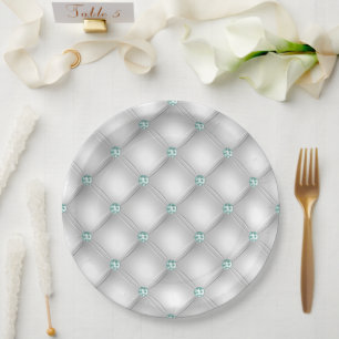 Metallic Satin White Mint Green Bling Glam  Paper Plate