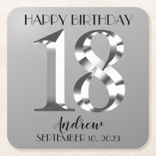 Metallic Silver 18th birthday Square Paper Coaster