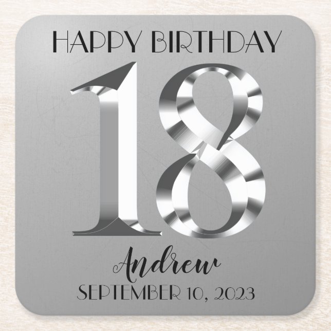 Metallic Silver 18th birthday Square Paper Coaster (Front)