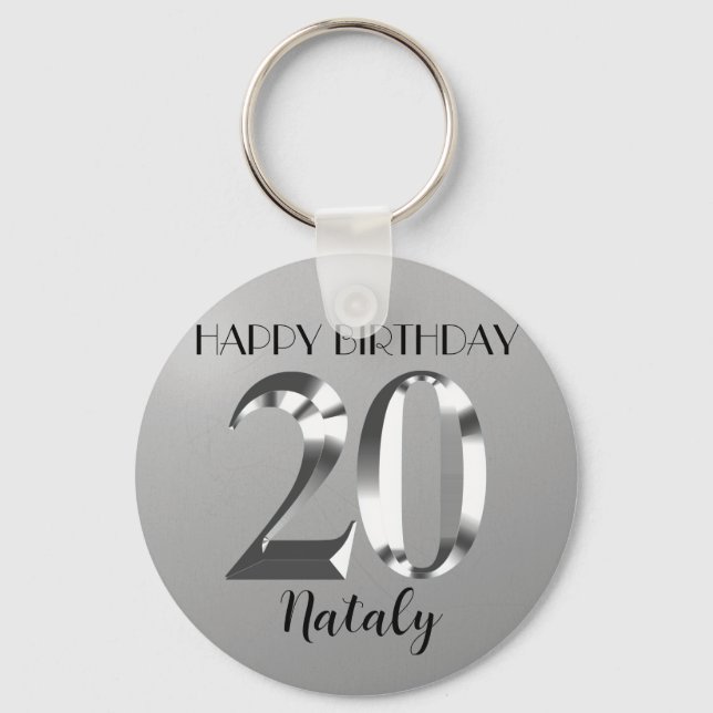Metallic silver 20th birthday key ring (Front)
