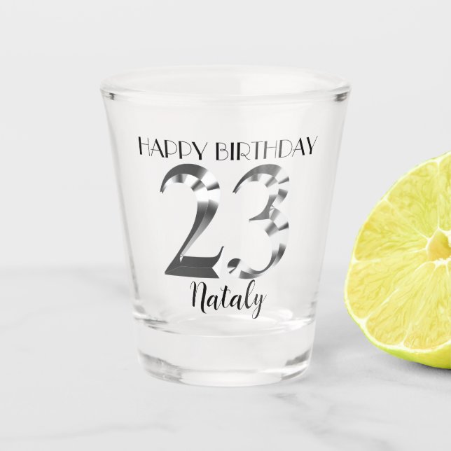 Metallic silver 23th birthday shot glass (Front)