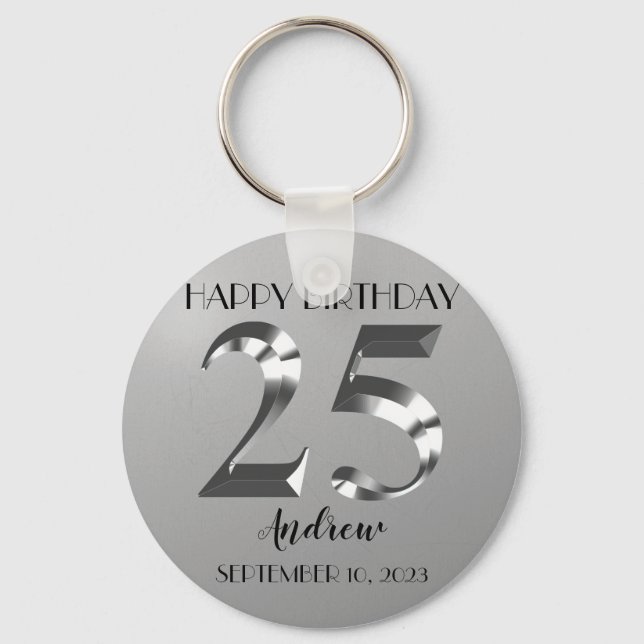 Metallic Silver 25th birthday Key Ring (Front)