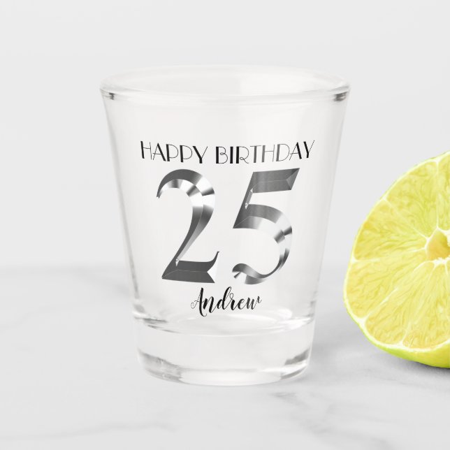 Metallic Silver 25th birthday Shot Glass (Front)