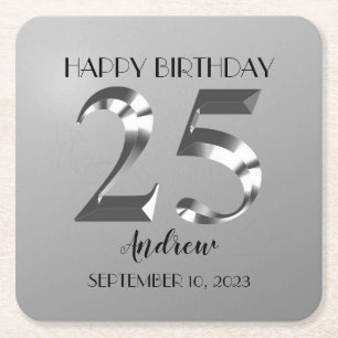 Metallic Silver 25th birthday Square Paper Coaster