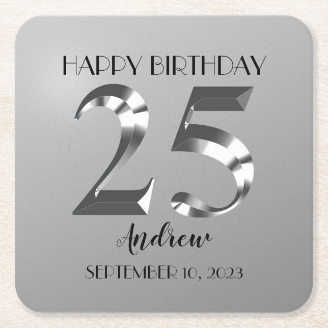 Metallic Silver 25th birthday Square Paper Coaster (Front)