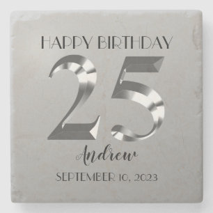 Metallic Silver 25th birthday Square Stone Coaster