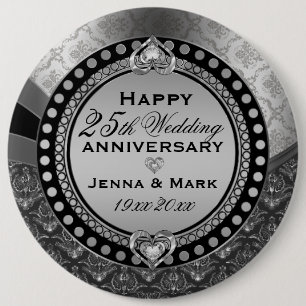 Metallic Silver 25th Wedding Anniversary 2 6 Cm Round Badge