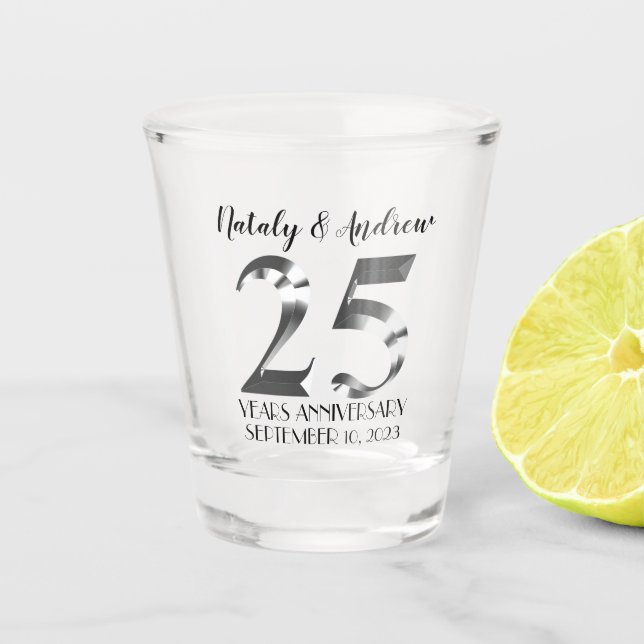 Metallic Silver 25th Wedding Anniversary Shot Glass (Front)
