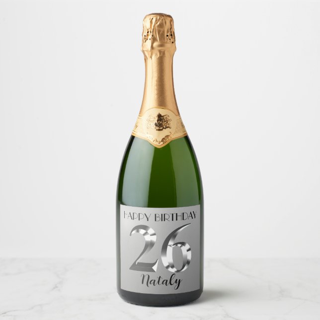 Metallic silver 26th birthday sparkling wine label (Front)