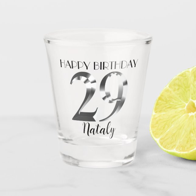 Metallic silver 29th birthday shot glass (Front)