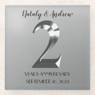 Metallic Silver 2th Wedding Anniversary Glass Coaster
