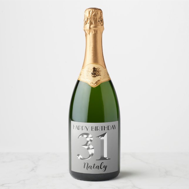Metallic silver 31st birthday sparkling wine label (Front)