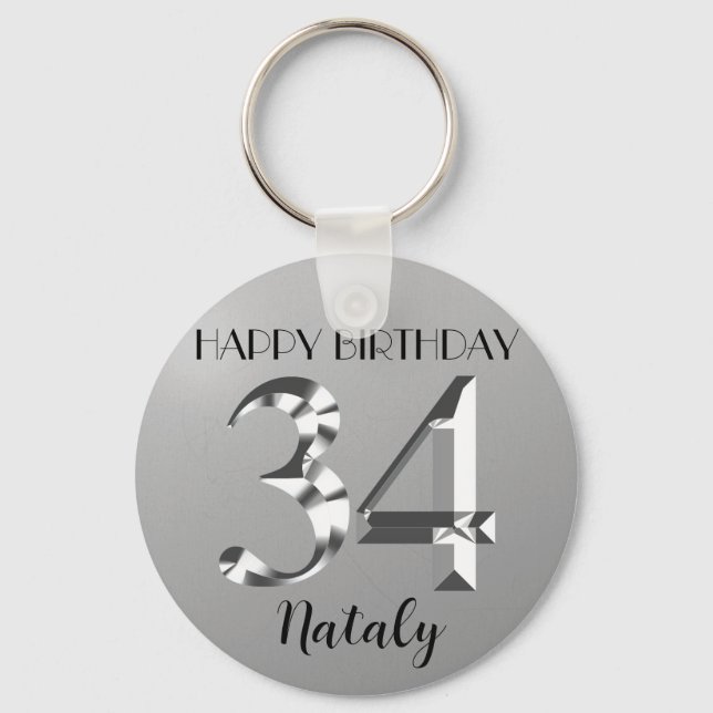 Metallic silver 34th birthday key ring (Front)
