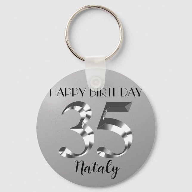 Metallic silver 35th birthday key ring (Front)