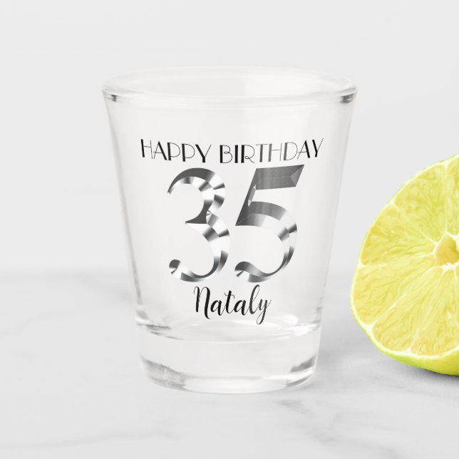 Metallic silver 35th birthday shot glass (Front)
