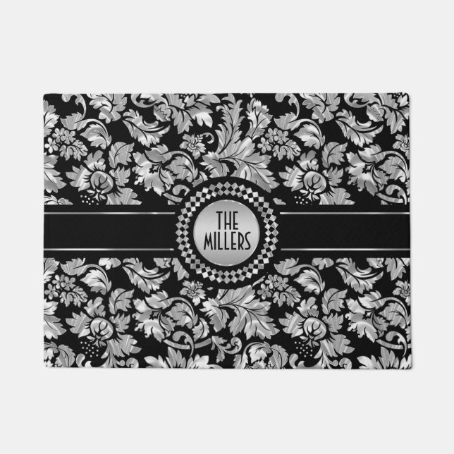 Metallic Silver And Black Damasks Doormat (Front)