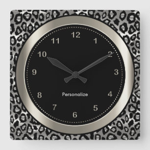 Metallic Silver and Black Leopard Print Square Wall Clock