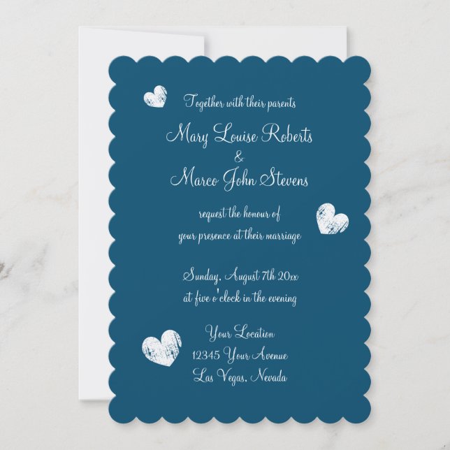 Metallic silver and blue scallop edge wedding invitation (Front)