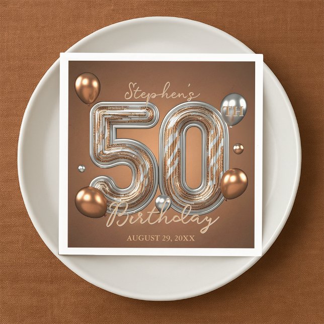 Metallic Silver and Bronze Balloons 50th Birthday  Napkin (Creator Uploaded)