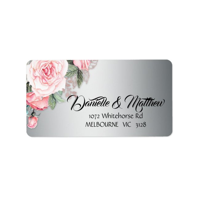 Metallic Silver and Pink Rose Bouquet Floral Label (Front)
