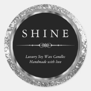 Metallic Silver, Black and Silver Glitter  Classic Round Sticker