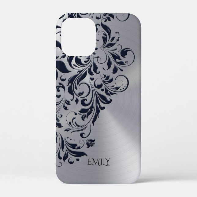 Metallic silver black floral swirls Case-Mate iPhone case (Back)