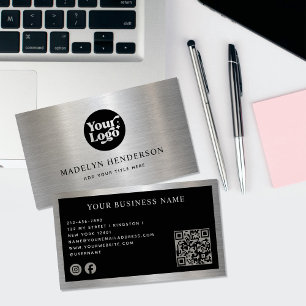 Metallic Silver Black Logo QR Code Social Media  Business Card