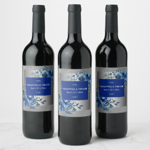 Metallic Silver & Blue Petals: A Taste of Elegance Wine Label