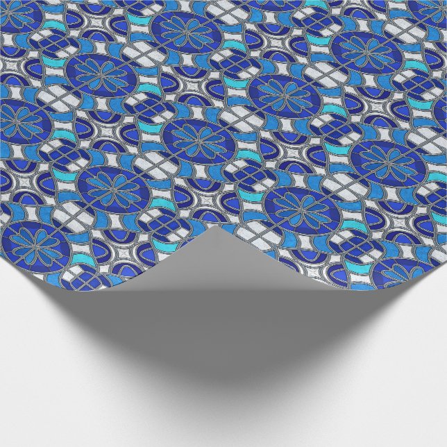 Metallic Silver, Blue Shades Stained Glass Style Wrapping Paper (Corner)