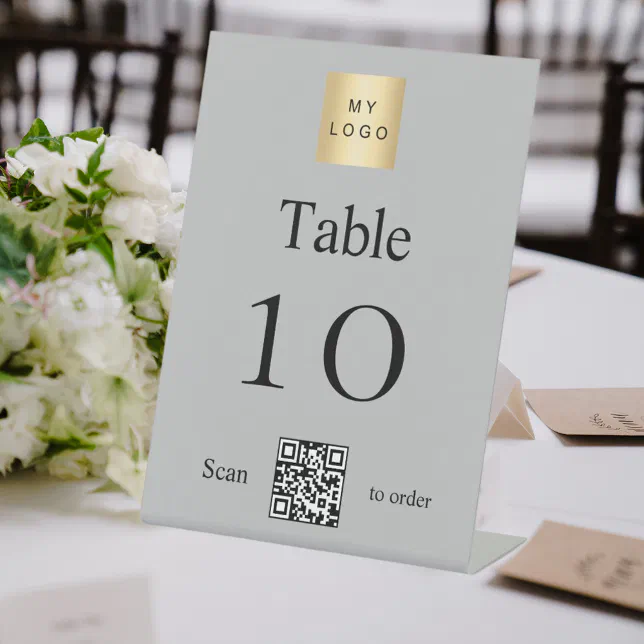 Silver Qr Code Logo Metallic silver business logo QR code table number Pedestal Sign | Zazzle