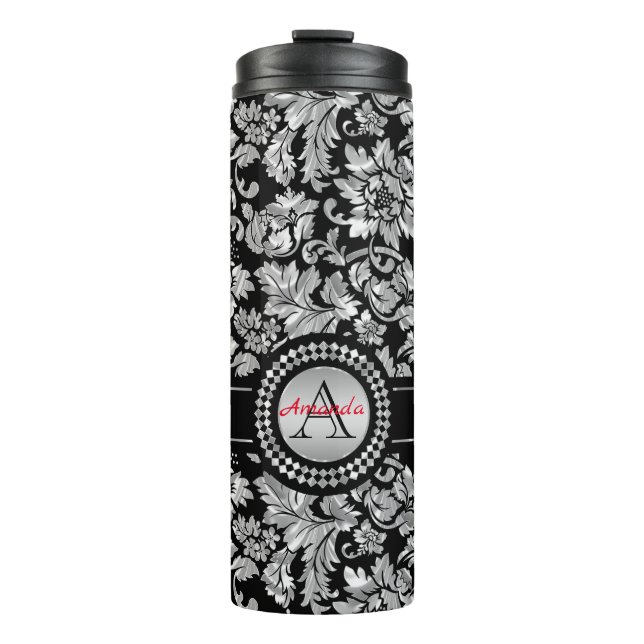Metallic Silver Floral Damask Thermal Tumbler (Front)