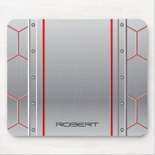 Metallic silver geometric design red accent mouse pad