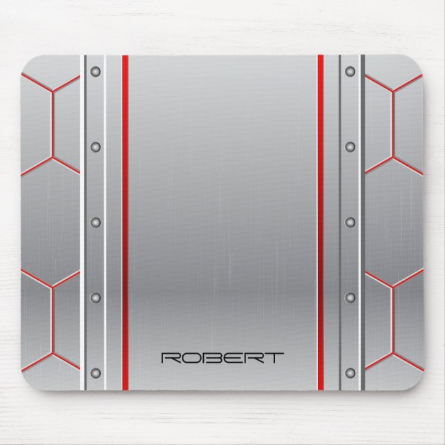 Metallic silver geometric design red accent mouse pad (Front)