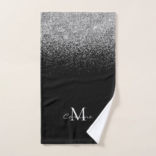 Metallic Silver Glitter Ombre on Black Monogrammed Bath Towel Set (Hand Towel)