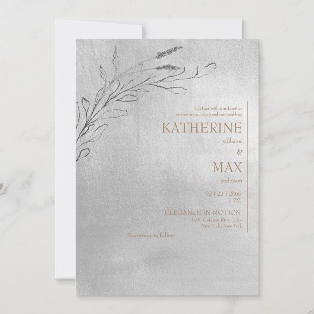 Metallic Silver & Gold No Parents Foliage Wedding Invitation (Front)