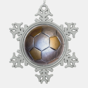 Metallic Silver & gold Soccer Ball Snowflake Pewter Christmas Ornament