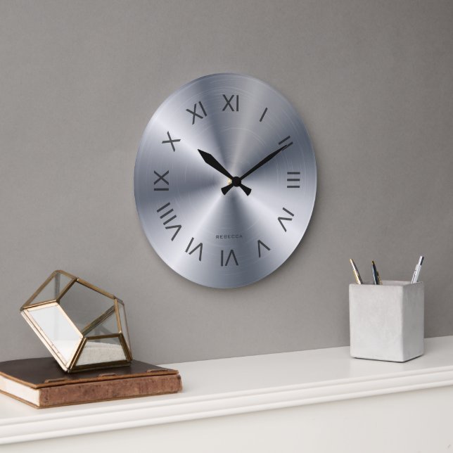 Metallic Silver Gray Texture Custom Monogram Large Clock (Office)