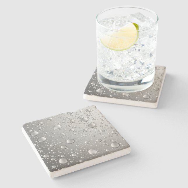 Metallic Silver Grey Abstract Rain Drops Stone Coaster (Side)