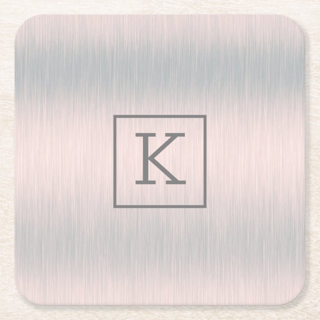 Metallic silver-grey brushed aluminium texture square paper coaster (Front)