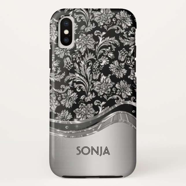 Metallic Silver-Grey Floral Damasks Case-Mate iPhone Case (Back)